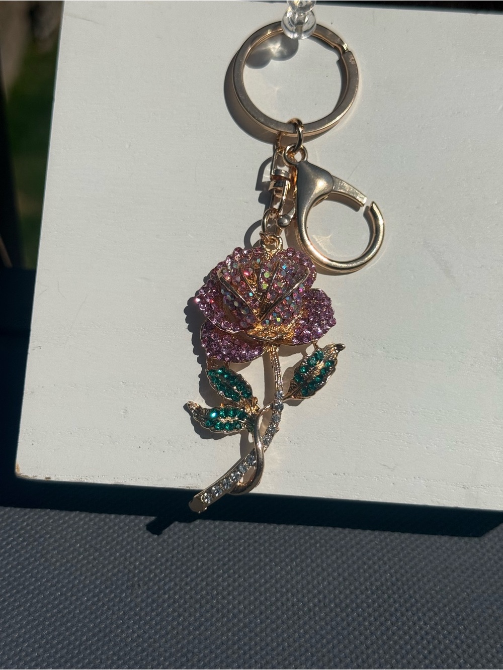 NWT Pink Crystal Rose Keyring with Green Accent Leaves Rhinestone - Picture 5 of 7